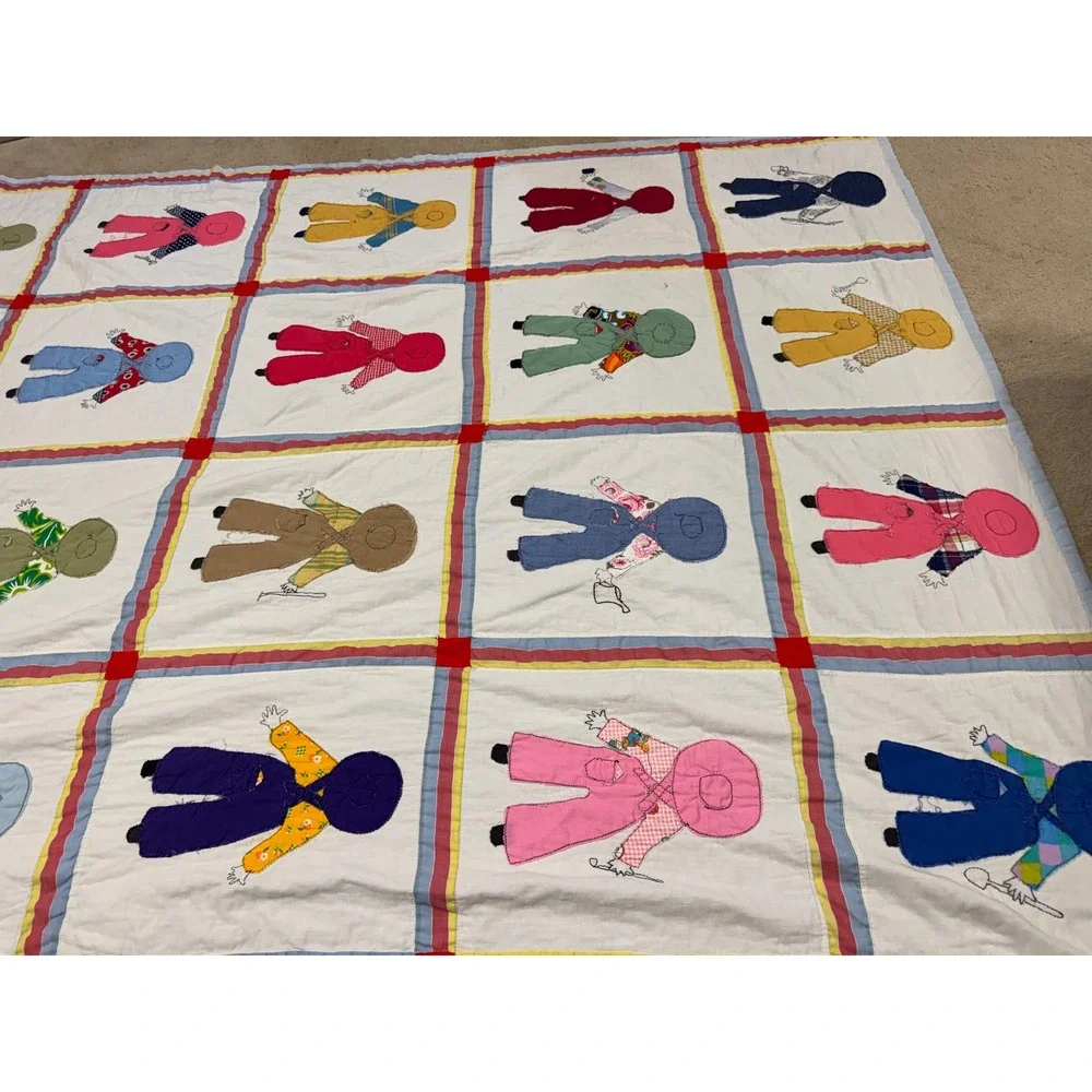 Vintage Handmade Sunbonnet Sue Overall Sam Applique Quilt Multi Color 86x68